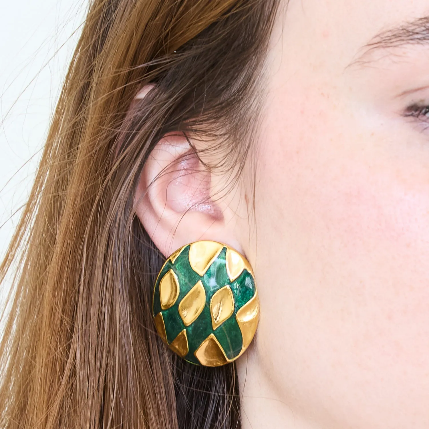 Vintage Abstract Green and Gold Oval Earrings