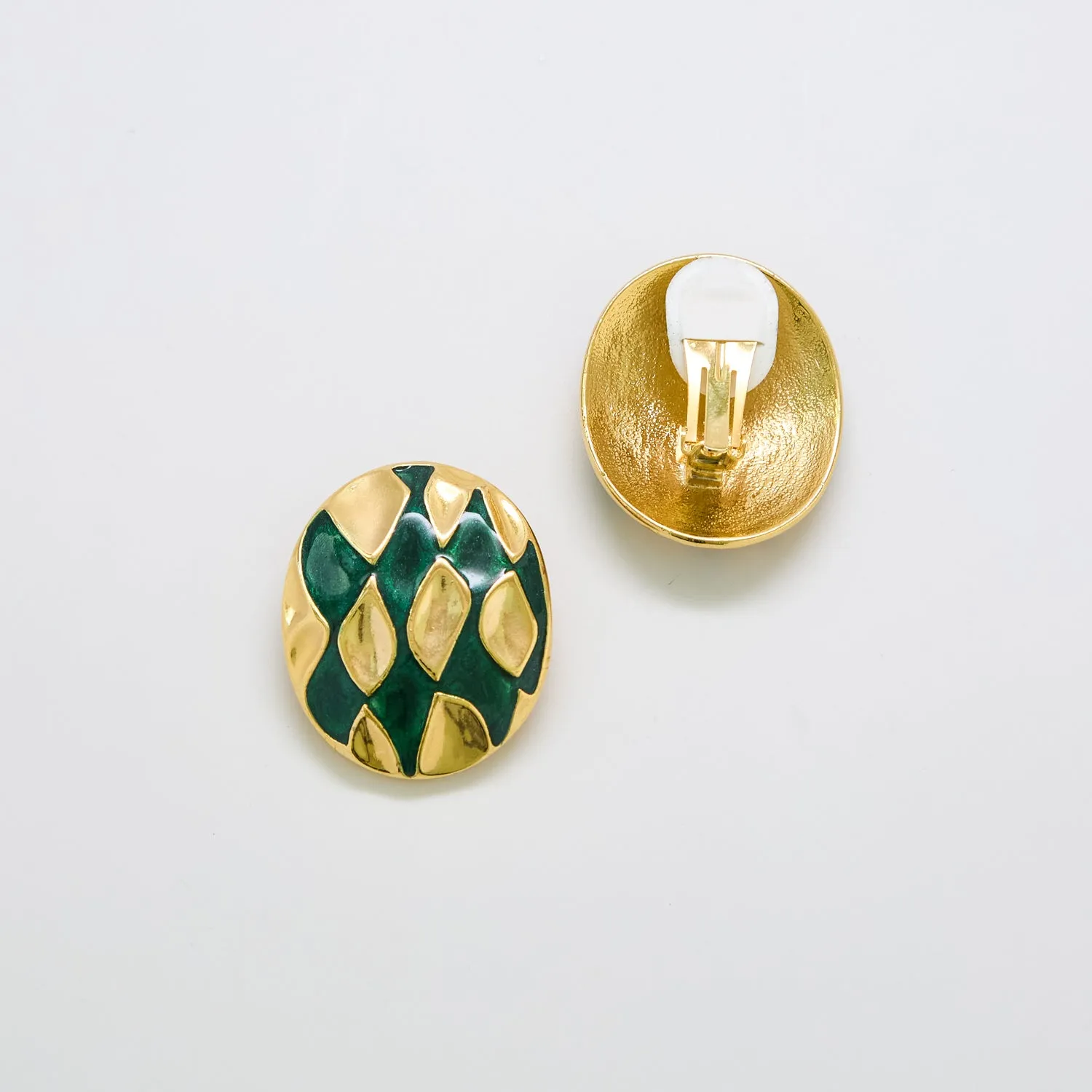 Vintage Abstract Green and Gold Oval Earrings