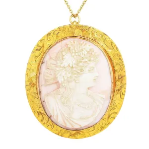 Vintage Angel Skin Coral Lady Portrait Cameo Brooch/Pendant in 10K Yellow Gold