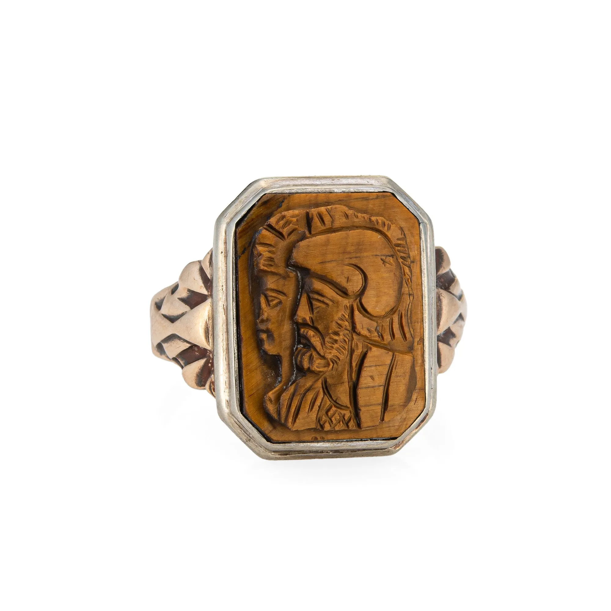 Vintage Art Deco Cameo Ring Centurion Tigers Eye Sz 8.75 Square Men's Jewelry