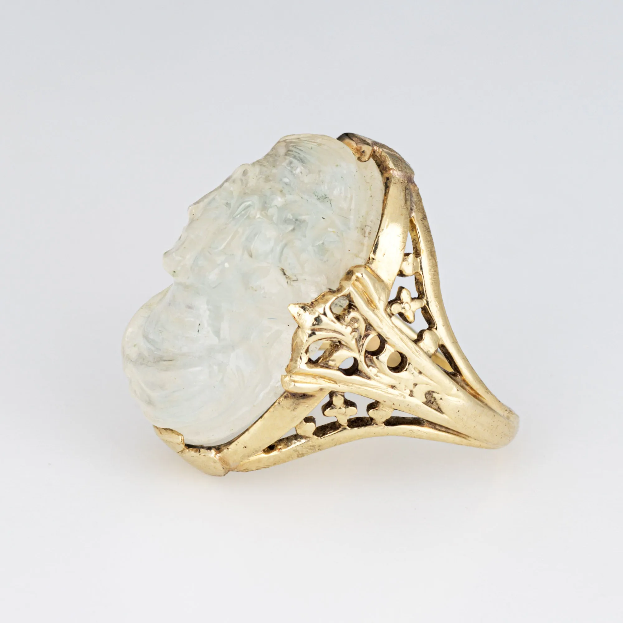 Vintage Art Deco Carved Moonstone Cameo Ring 14k Yellow Gold Sz 5 Fine Jewelry