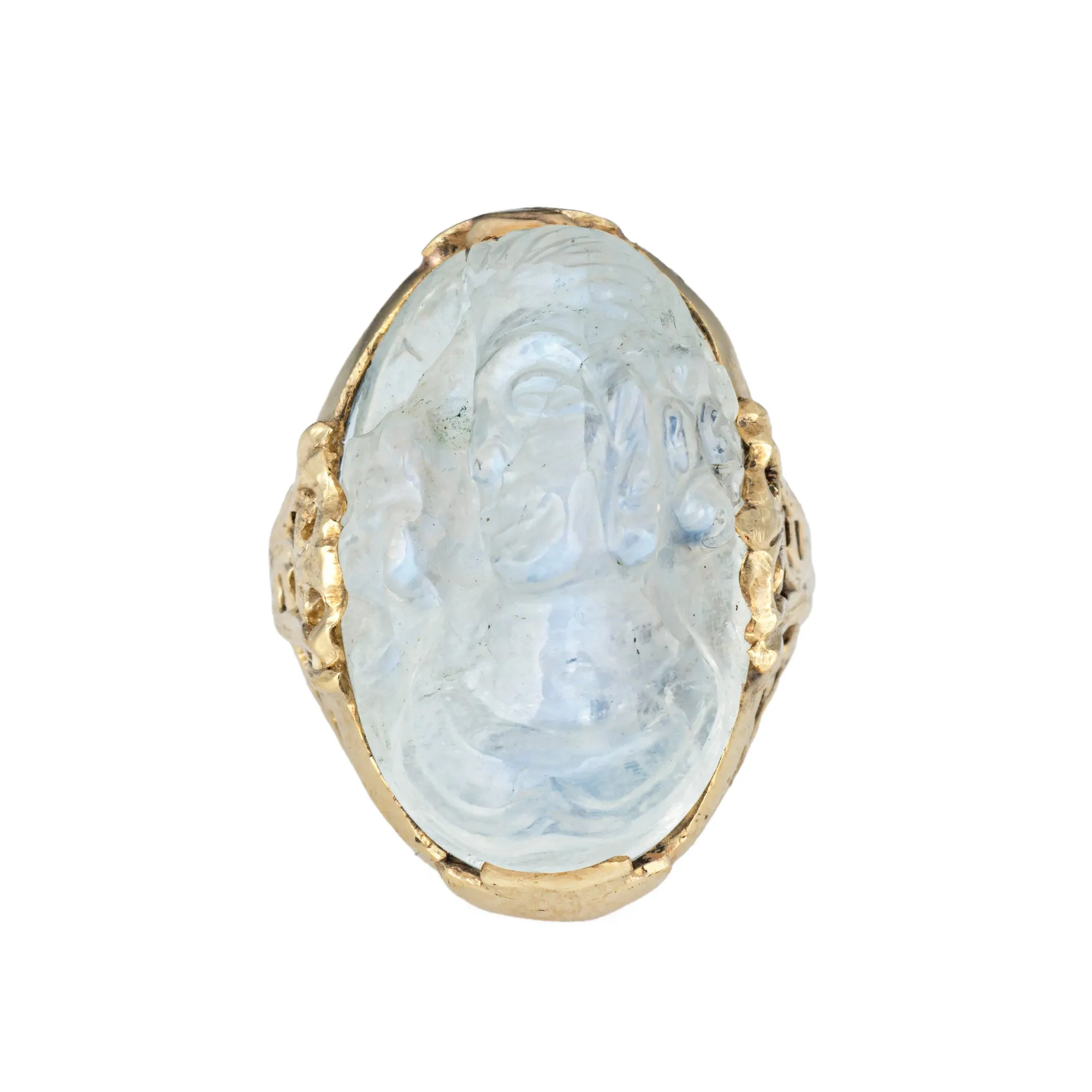 Vintage Art Deco Carved Moonstone Cameo Ring 14k Yellow Gold Sz 5 Fine Jewelry