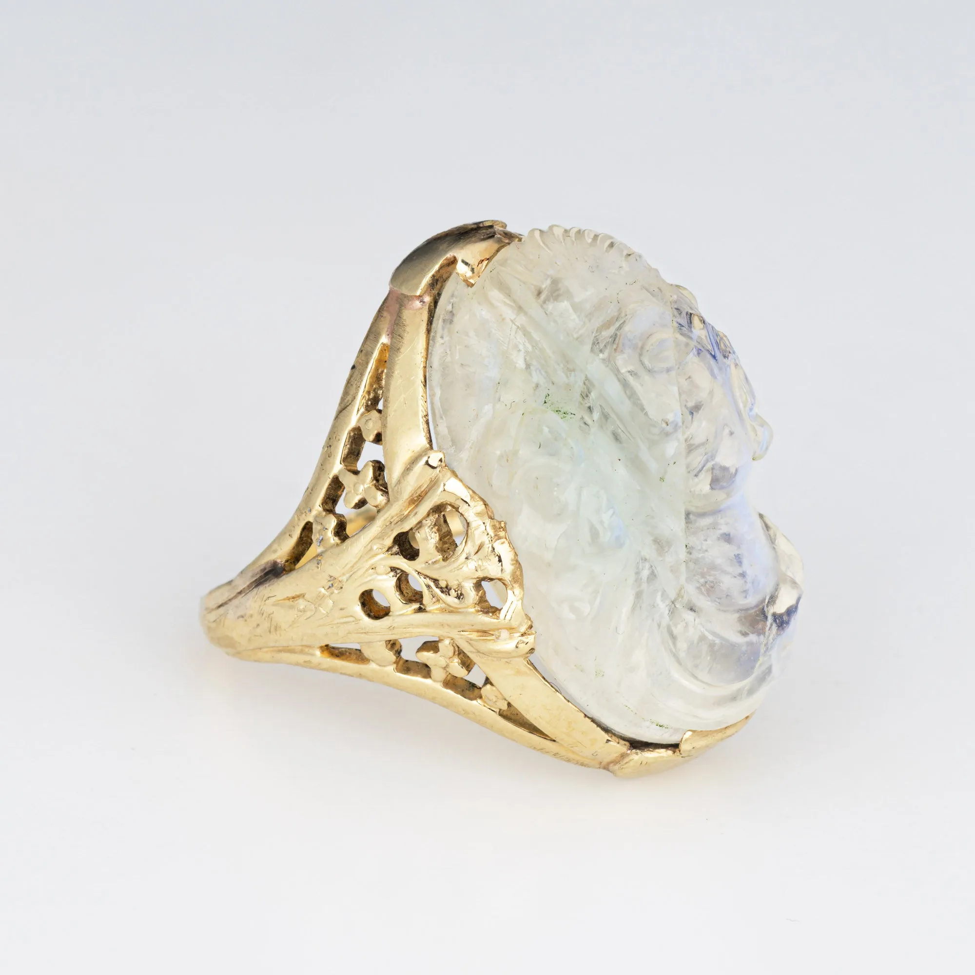 Vintage Art Deco Carved Moonstone Cameo Ring 14k Yellow Gold Sz 5 Fine Jewelry
