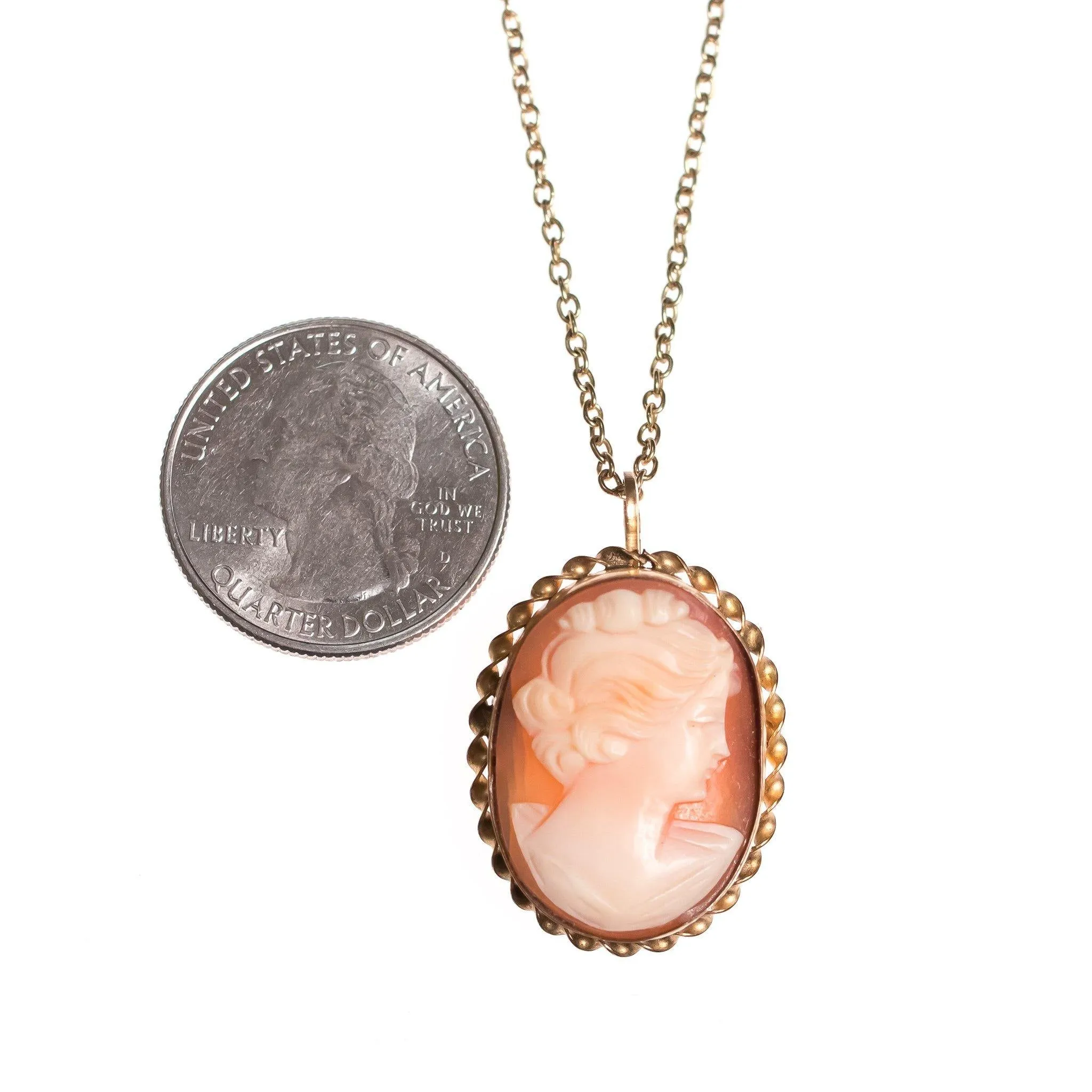 Vintage Art Deco Era Gold Filled Carved Shell Cameo Pendant Necklace Brooch