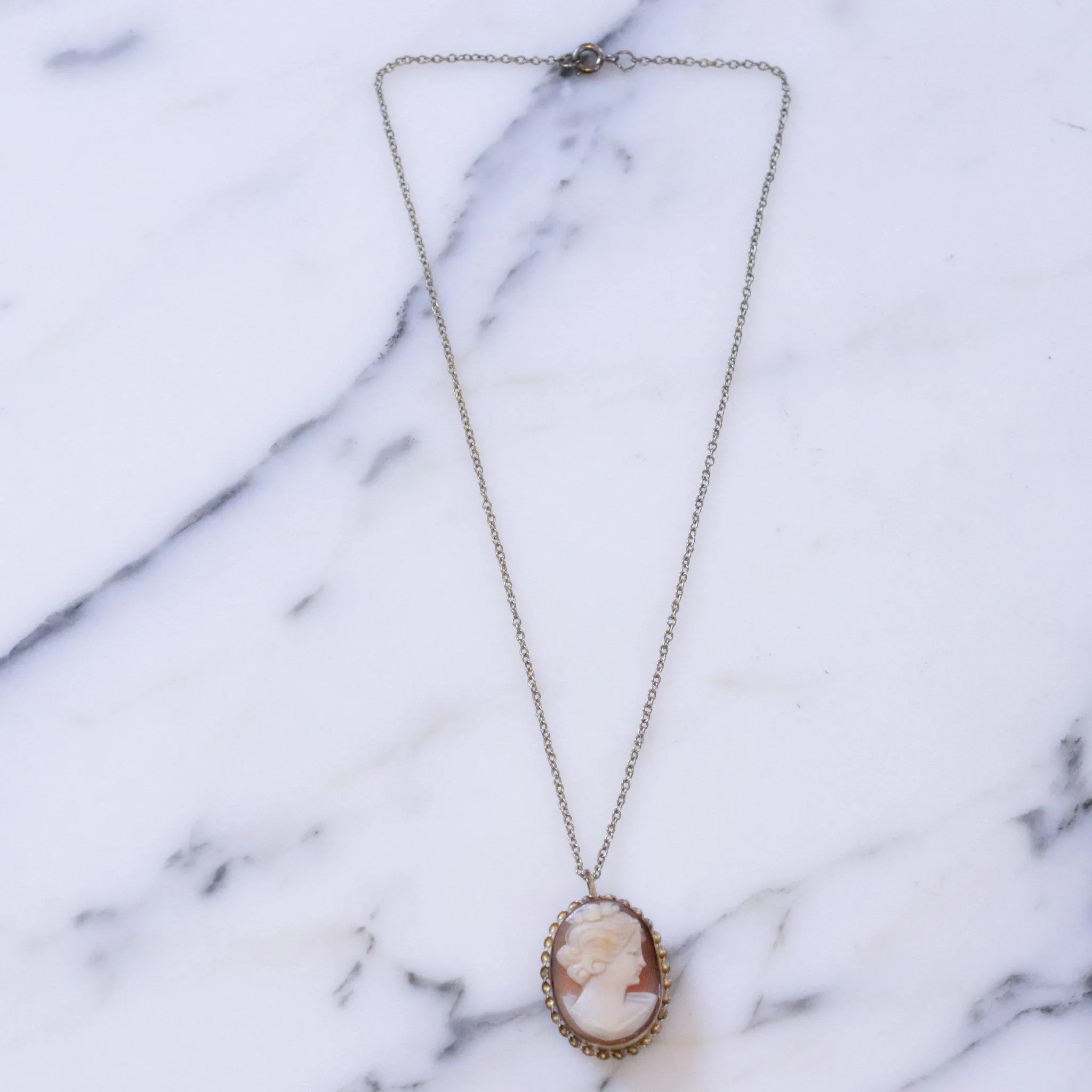 Vintage Art Deco Era Gold Filled Carved Shell Cameo Pendant Necklace Brooch