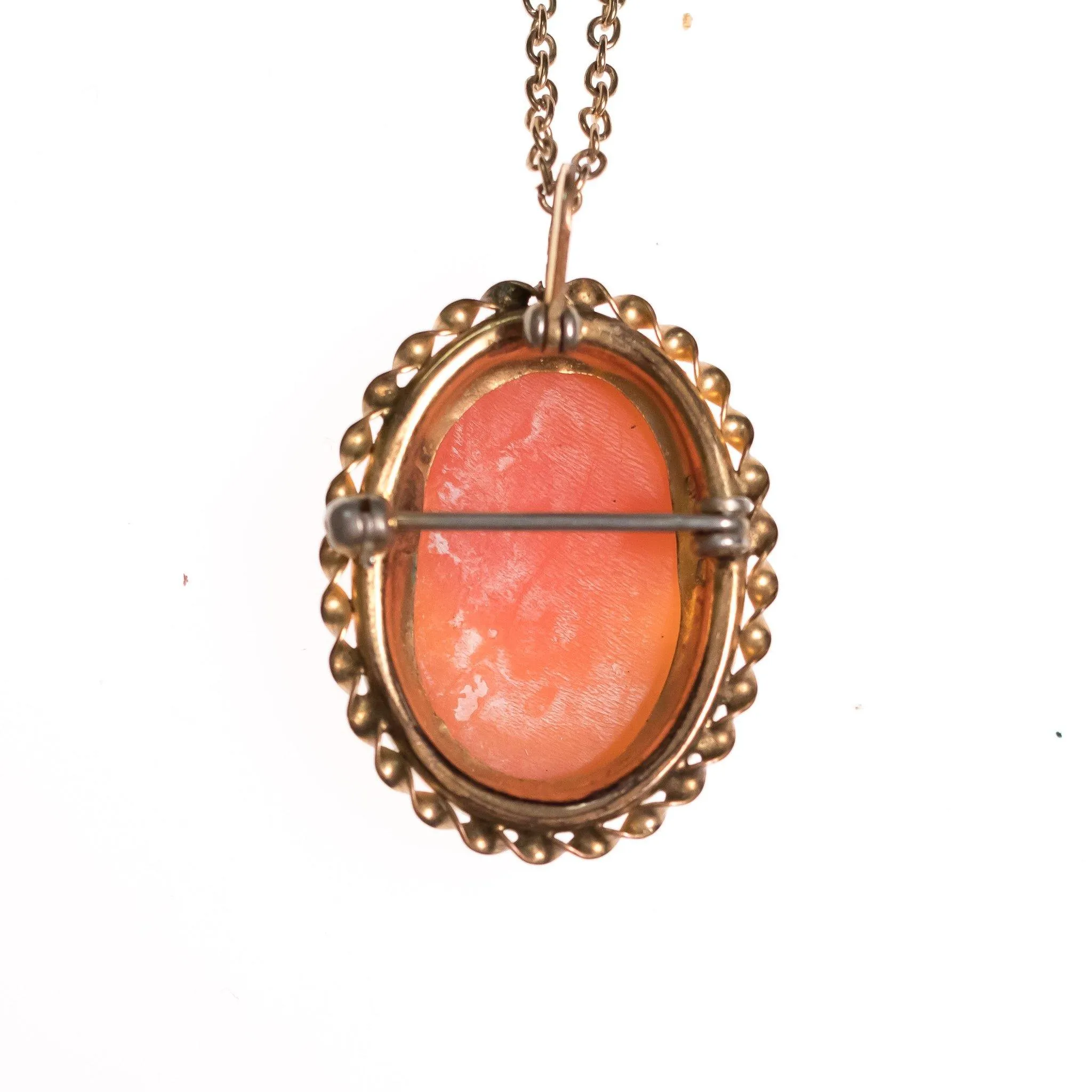 Vintage Art Deco Era Gold Filled Carved Shell Cameo Pendant Necklace Brooch
