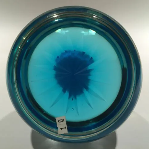 Vintage Art Glass Paperweight JFK Kennedy Sulphide On Blue Star Cut Base