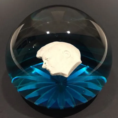 Vintage Art Glass Paperweight JFK Kennedy Sulphide On Blue Star Cut Base