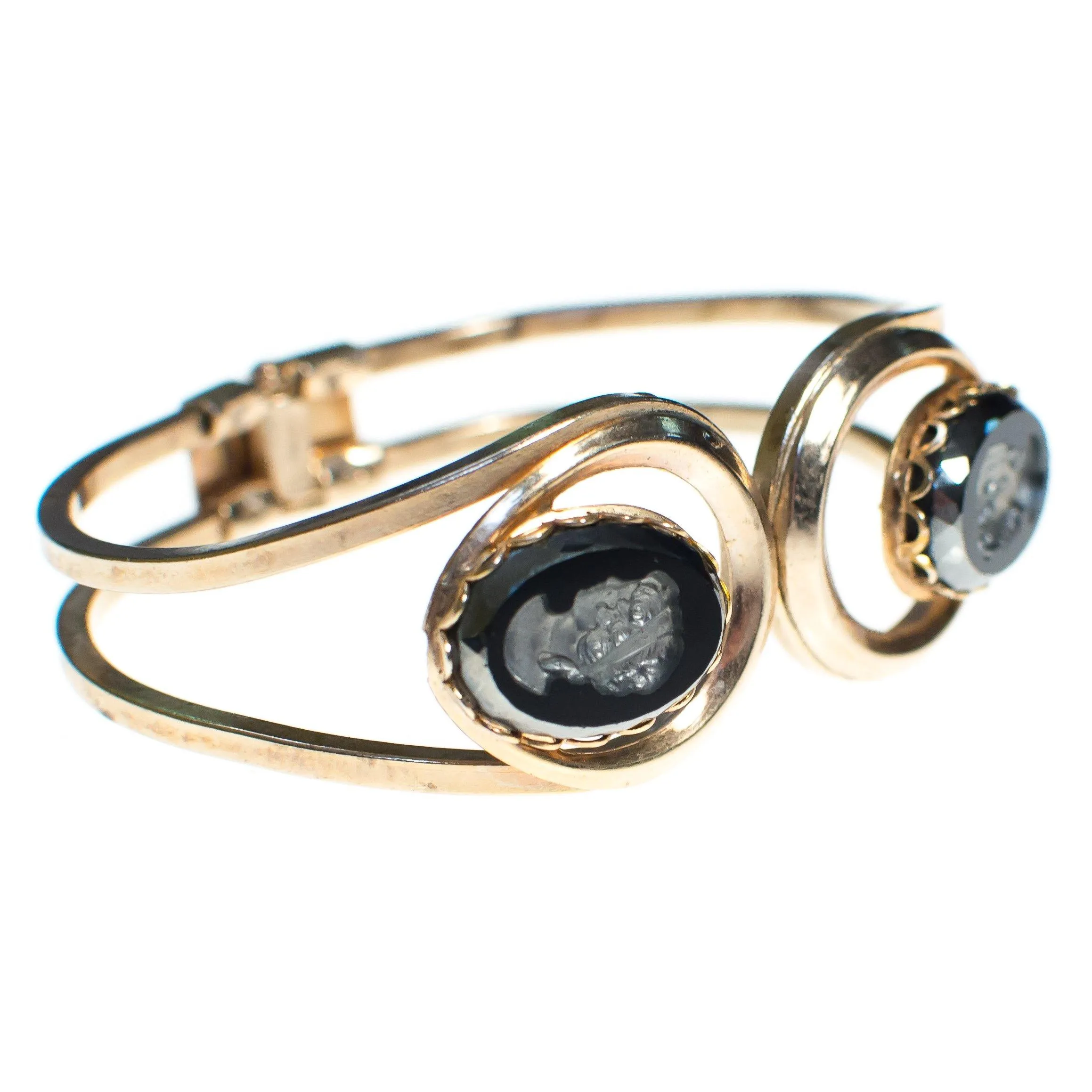 Vintage Black Crystal Carved Cameo Gold Hinged Clamper Bracelet