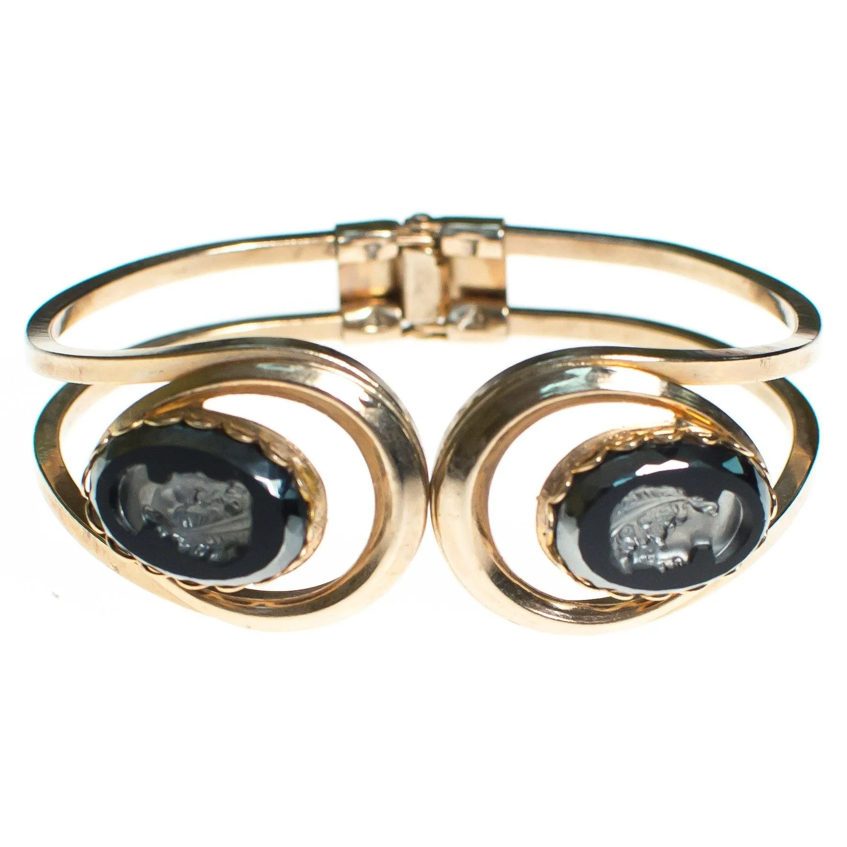 Vintage Black Crystal Carved Cameo Gold Hinged Clamper Bracelet