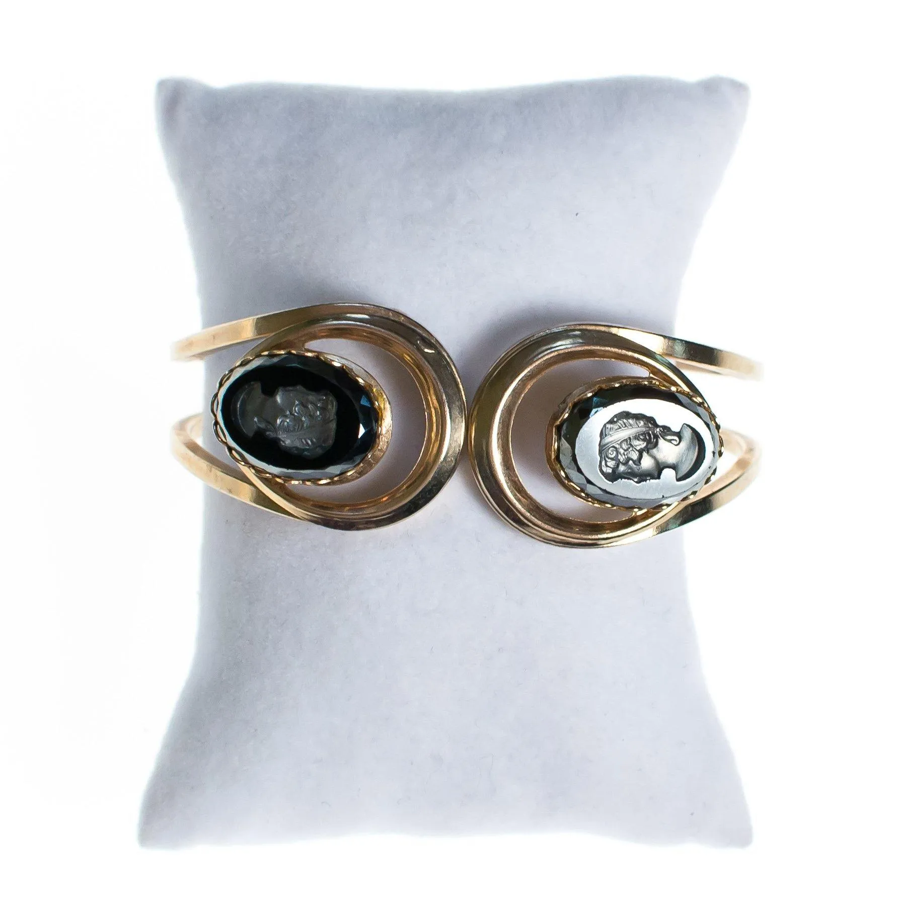 Vintage Black Crystal Carved Cameo Gold Hinged Clamper Bracelet