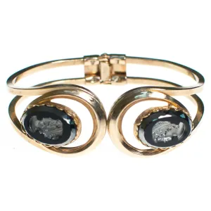 Vintage Black Crystal Carved Cameo Gold Hinged Clamper Bracelet
