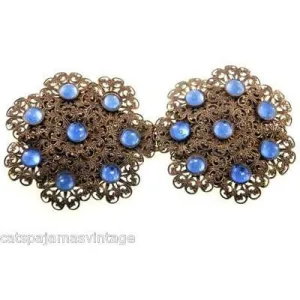 Vintage Brass Filigree Buckle Sapphire Blue Cabochon Stones 1930s