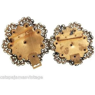 Vintage Brass Filigree Buckle Sapphire Blue Cabochon Stones 1930s