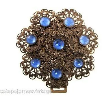 Vintage Brass Filigree Buckle Sapphire Blue Cabochon Stones 1930s