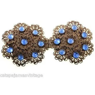 Vintage Brass Filigree Buckle Sapphire Blue Cabochon Stones 1930s