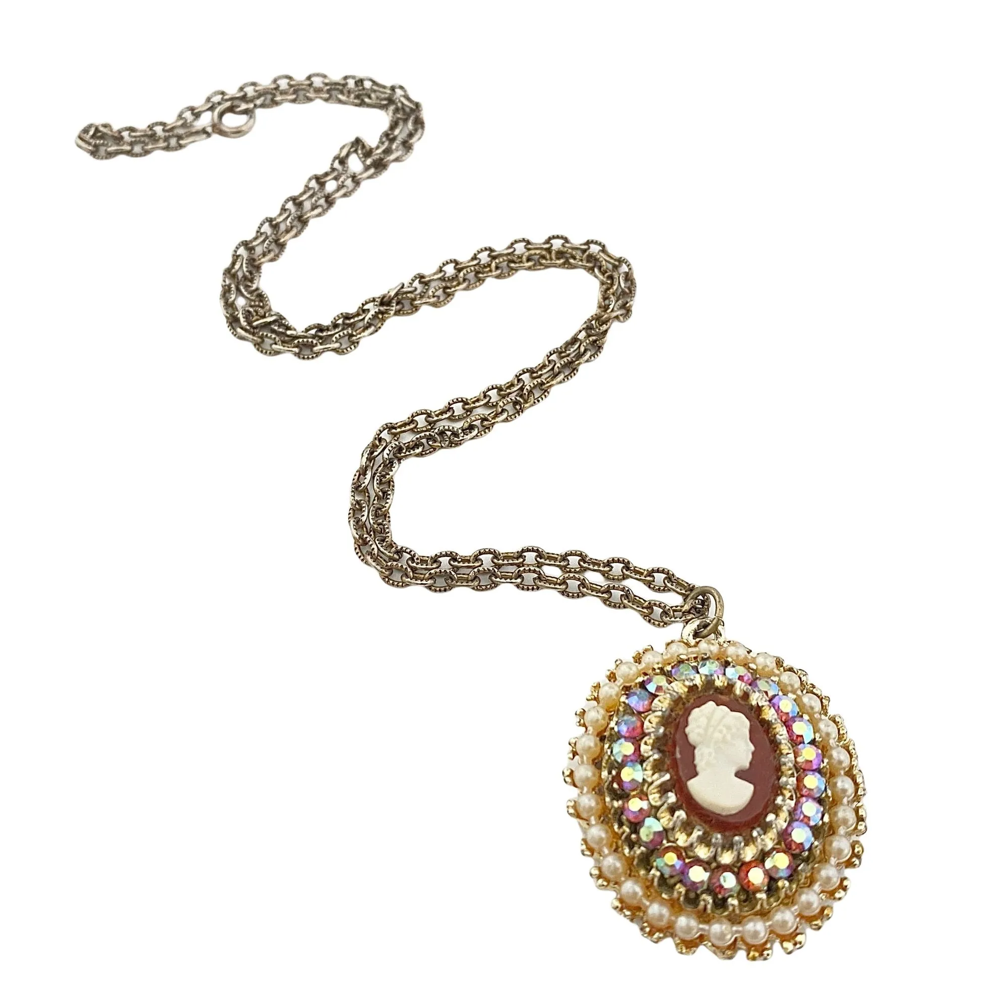 Vintage Cameo and Aurora Borealis Rhinestone Necklace