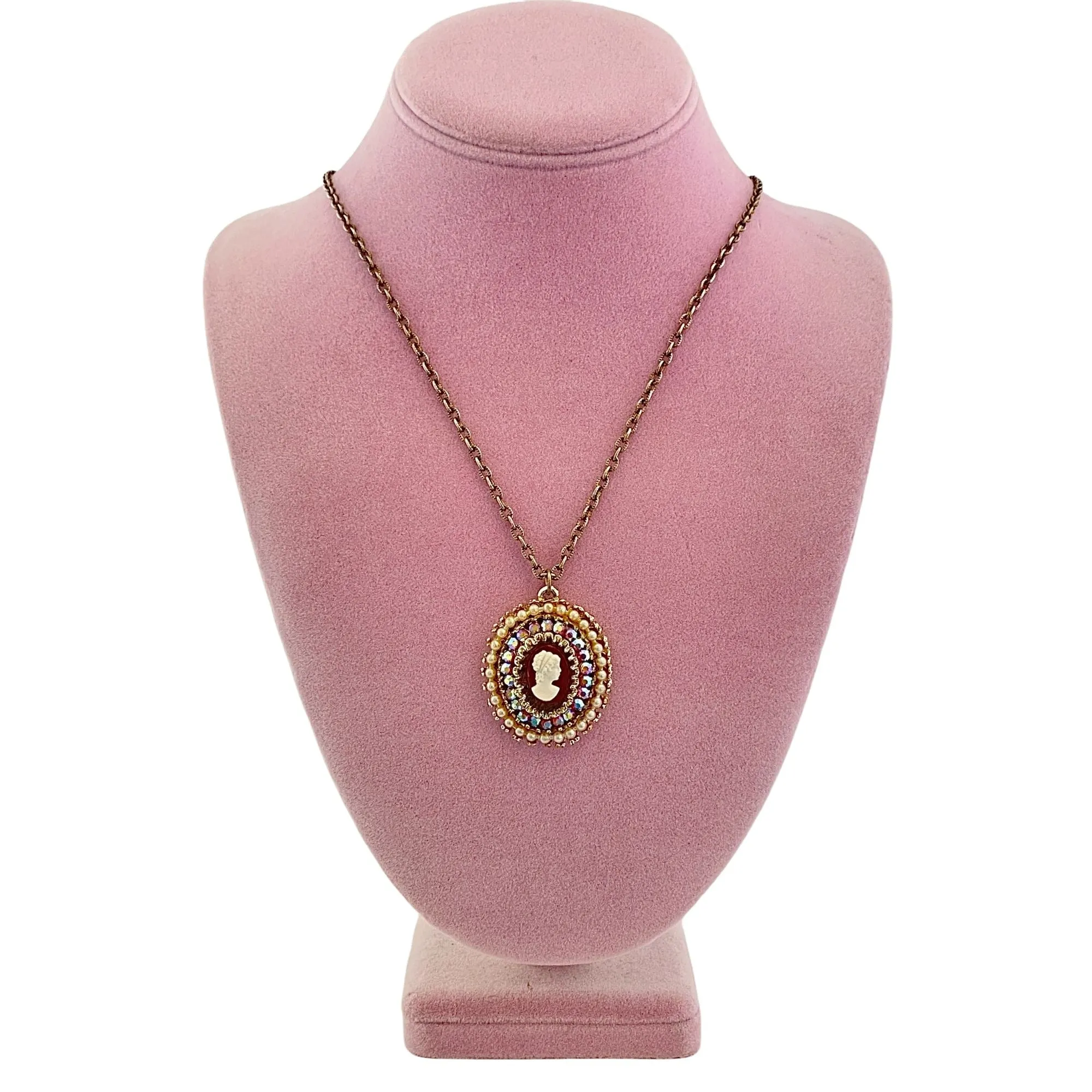 Vintage Cameo and Aurora Borealis Rhinestone Necklace