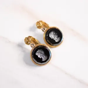 Vintage Carved Glass Jet Intaglio Cameo Earrings
