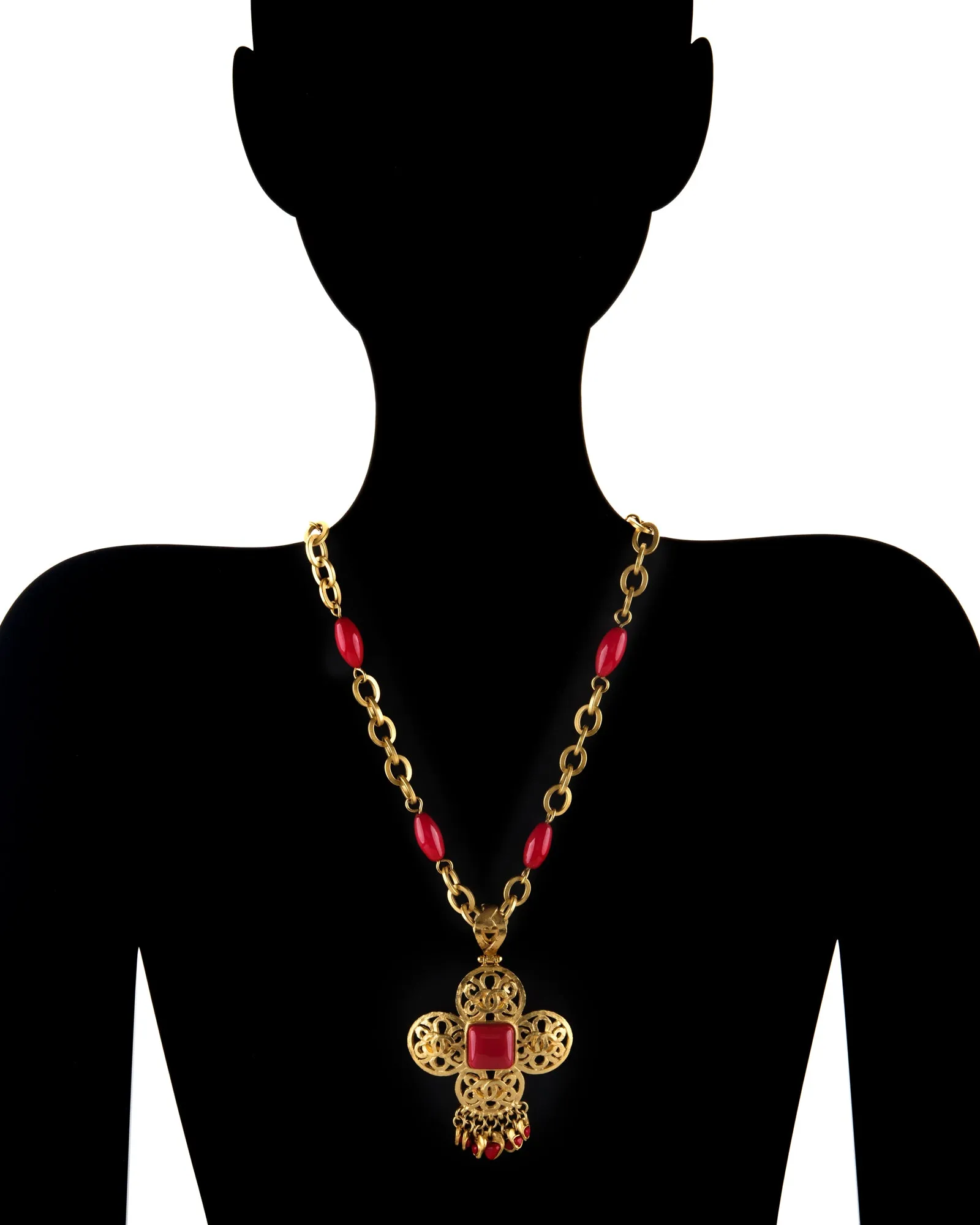Vintage Chanel Red Cross Necklace c1995 Long 20" Chain Yellow Gold Tone
