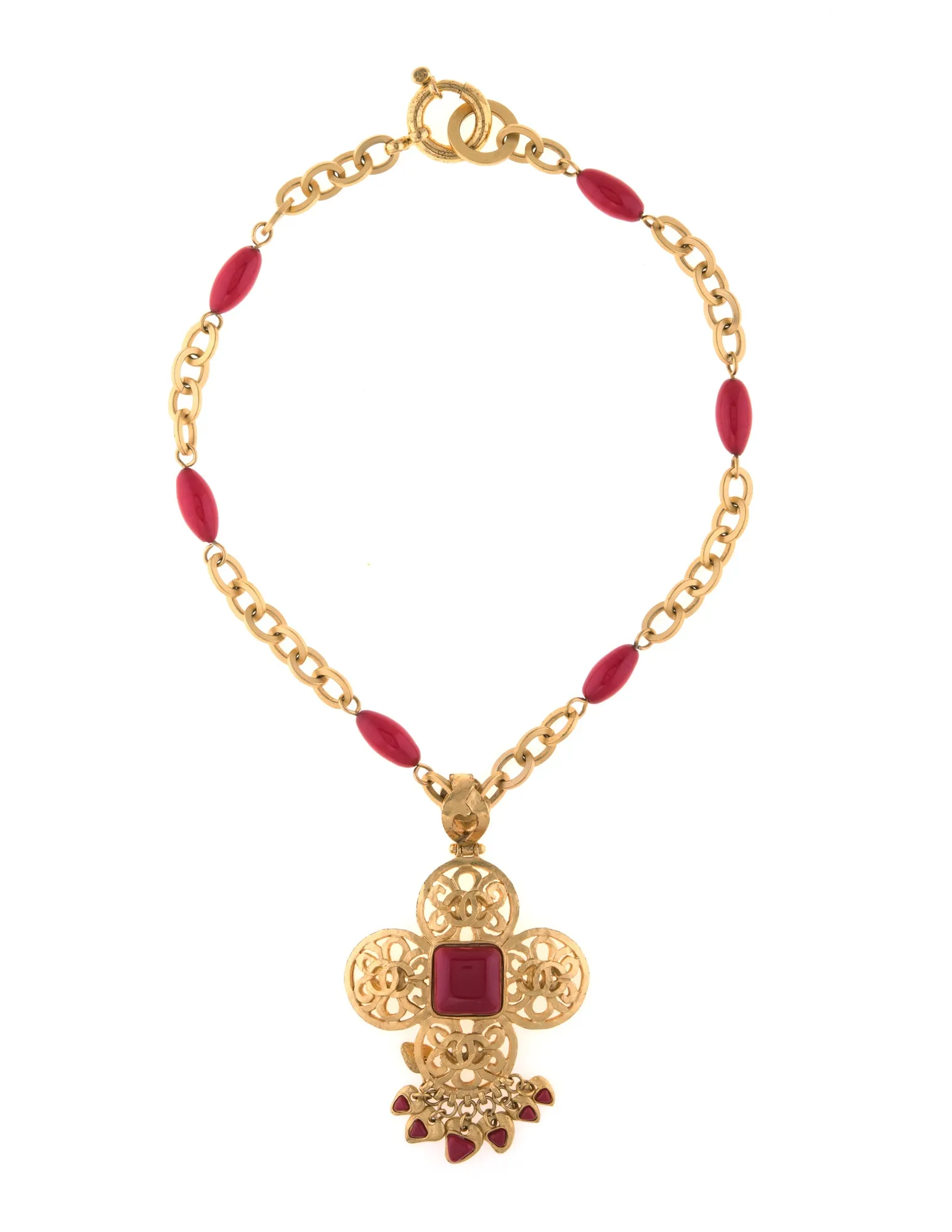 Vintage Chanel Red Cross Necklace c1995 Long 20" Chain Yellow Gold Tone
