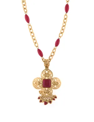 Vintage Chanel Red Cross Necklace c1995 Long 20" Chain Yellow Gold Tone