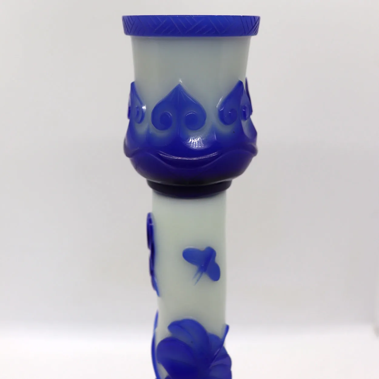 Vintage Chinese Peking Glass Blue and White Candlestick Lamp Base