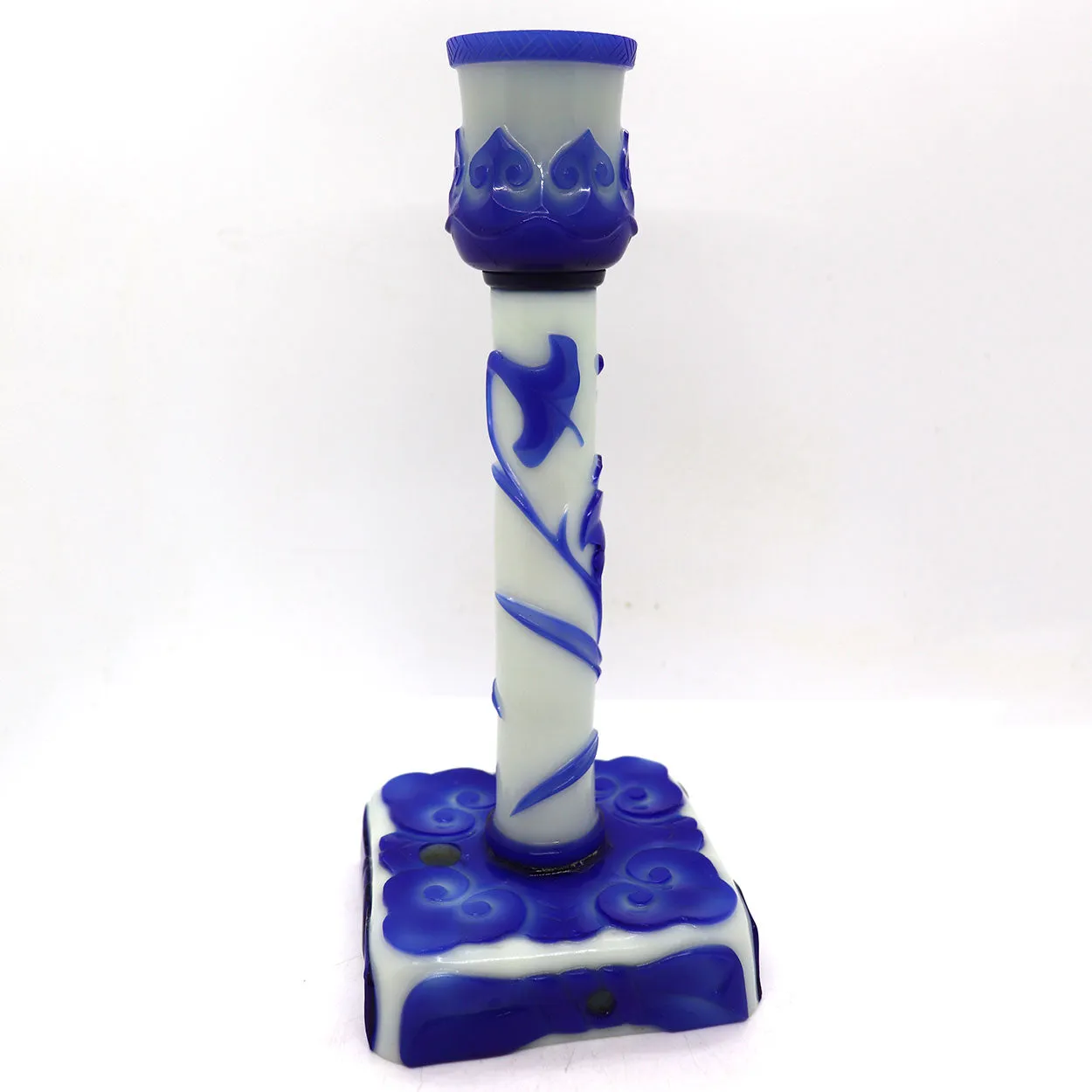 Vintage Chinese Peking Glass Blue and White Candlestick Lamp Base