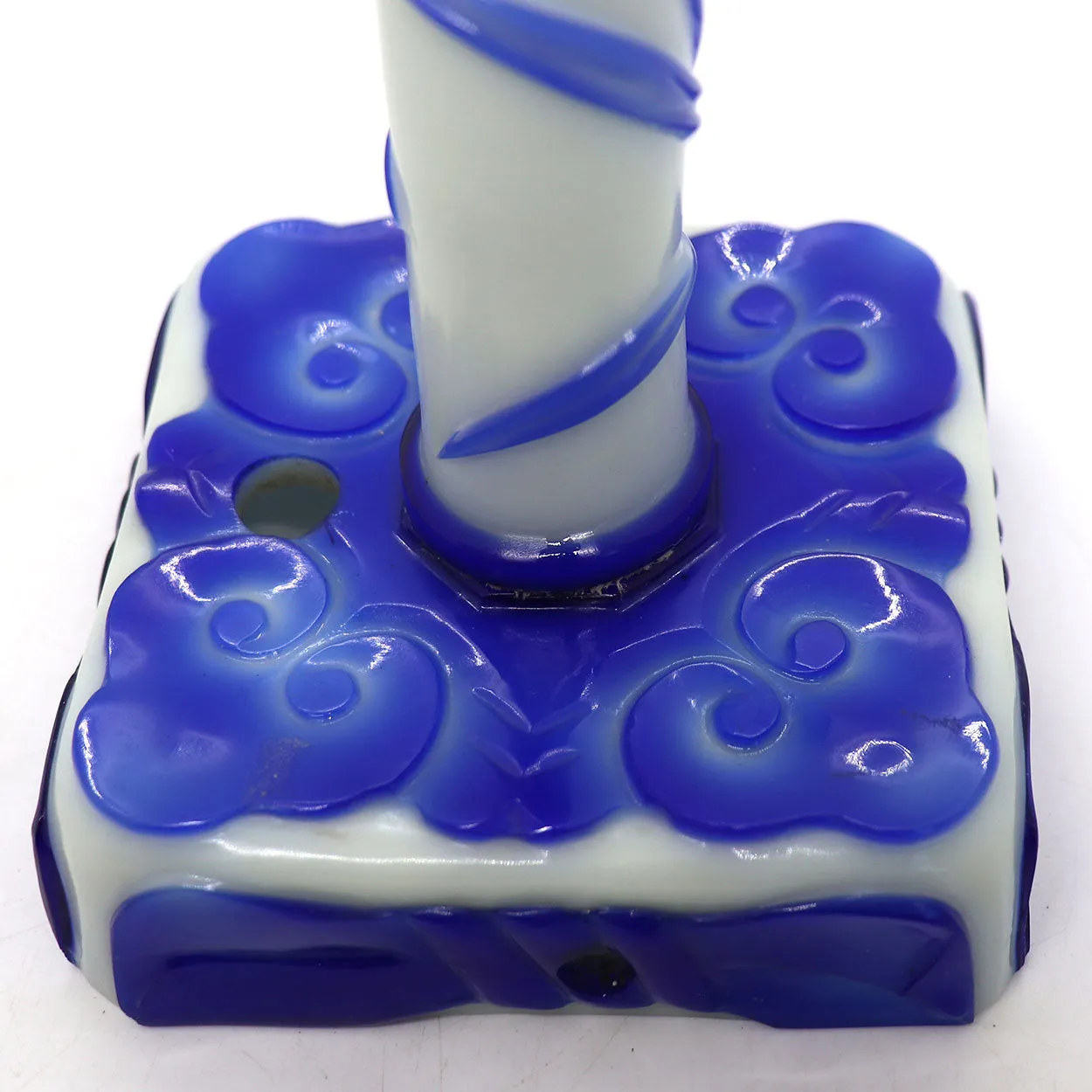 Vintage Chinese Peking Glass Blue and White Candlestick Lamp Base