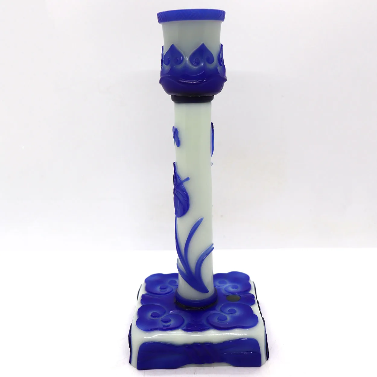 Vintage Chinese Peking Glass Blue and White Candlestick Lamp Base