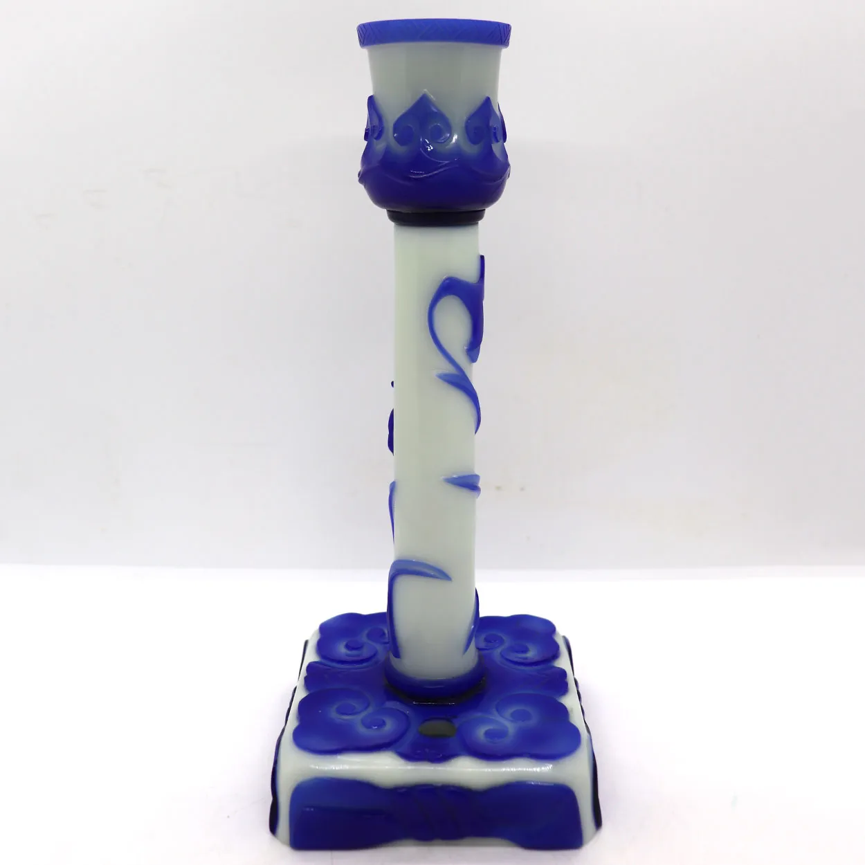 Vintage Chinese Peking Glass Blue and White Candlestick Lamp Base