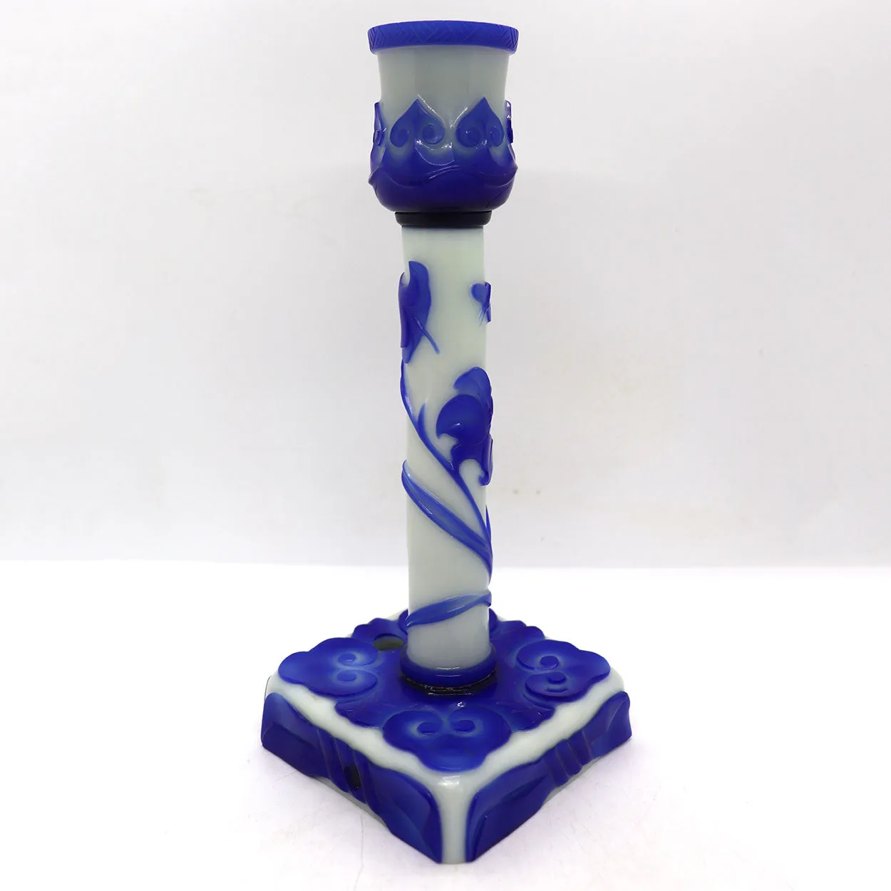 Vintage Chinese Peking Glass Blue and White Candlestick Lamp Base