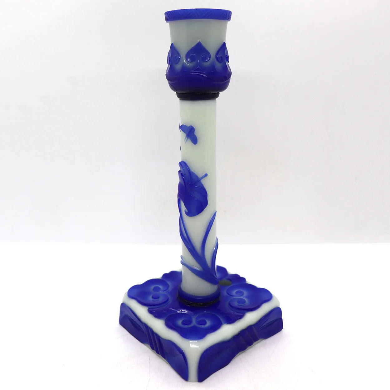Vintage Chinese Peking Glass Blue and White Candlestick Lamp Base