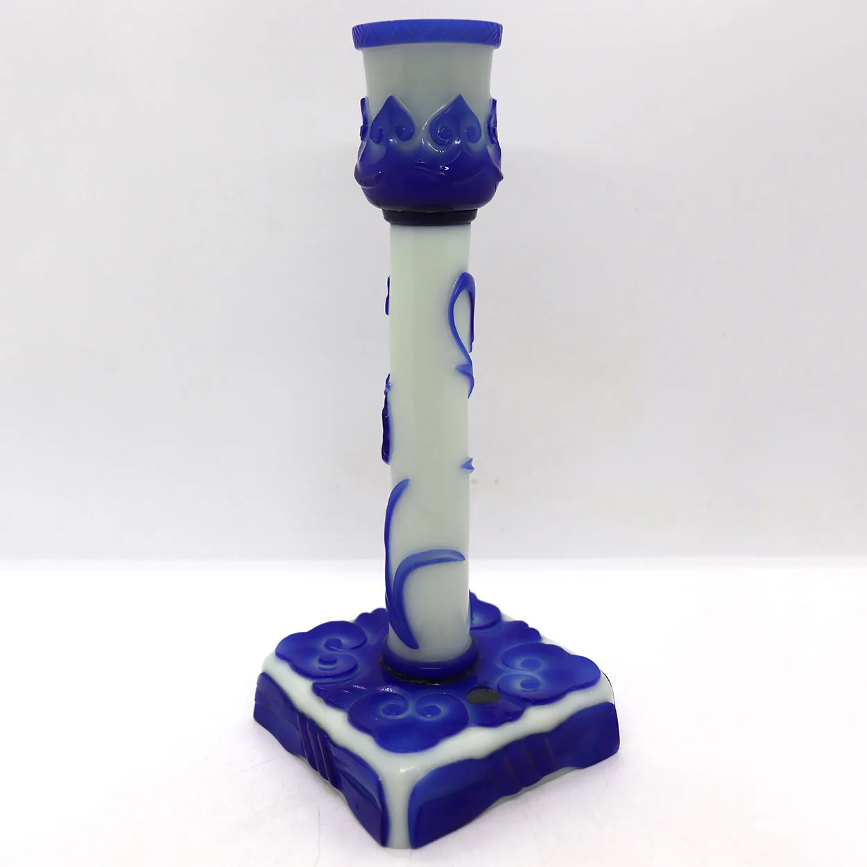 Vintage Chinese Peking Glass Blue and White Candlestick Lamp Base