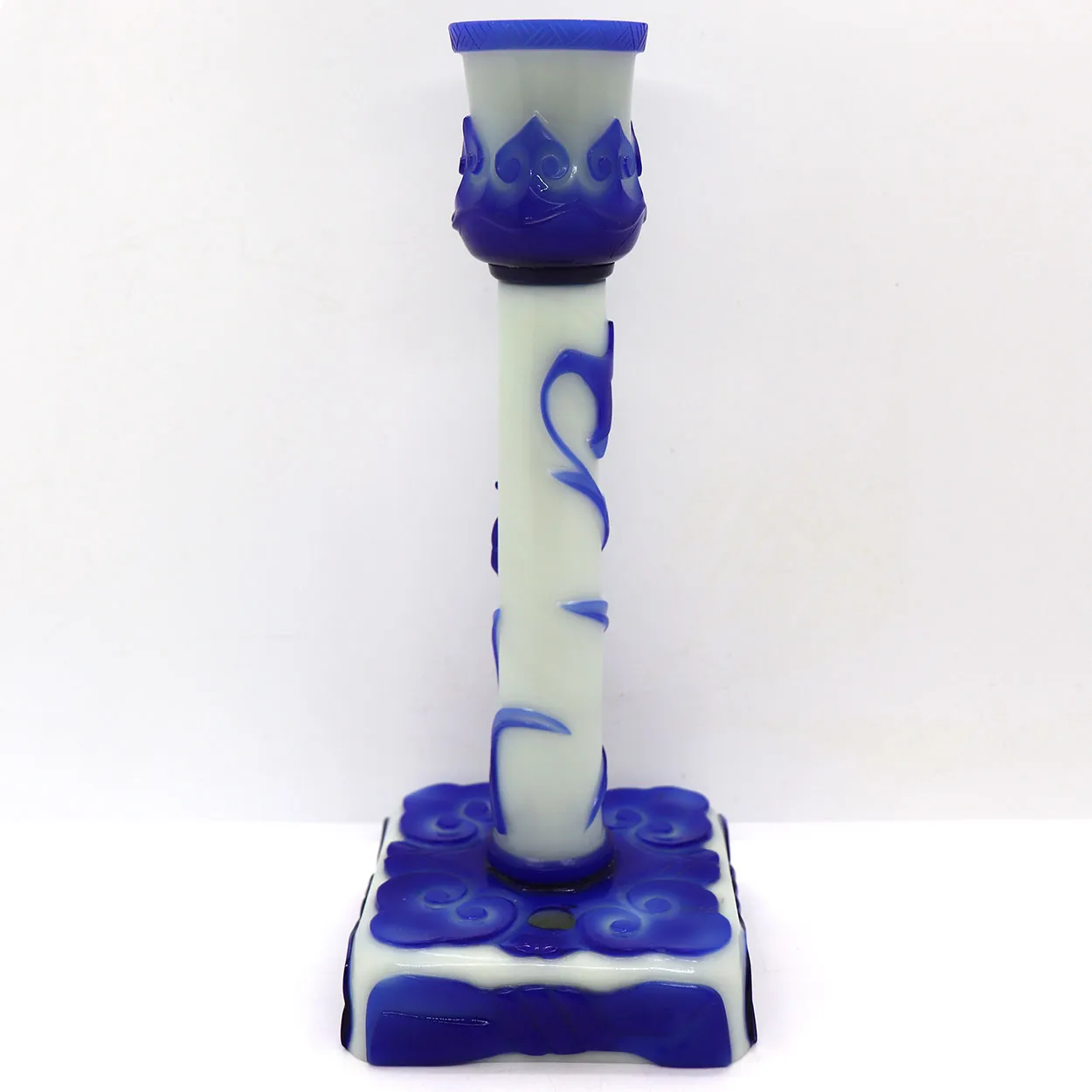 Vintage Chinese Peking Glass Blue and White Candlestick Lamp Base