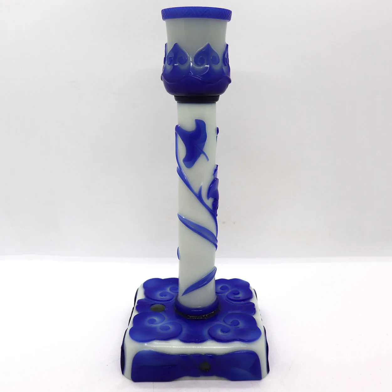 Vintage Chinese Peking Glass Blue and White Candlestick Lamp Base