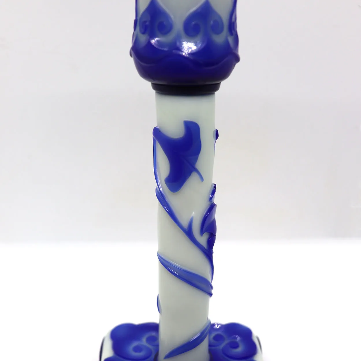 Vintage Chinese Peking Glass Blue and White Candlestick Lamp Base