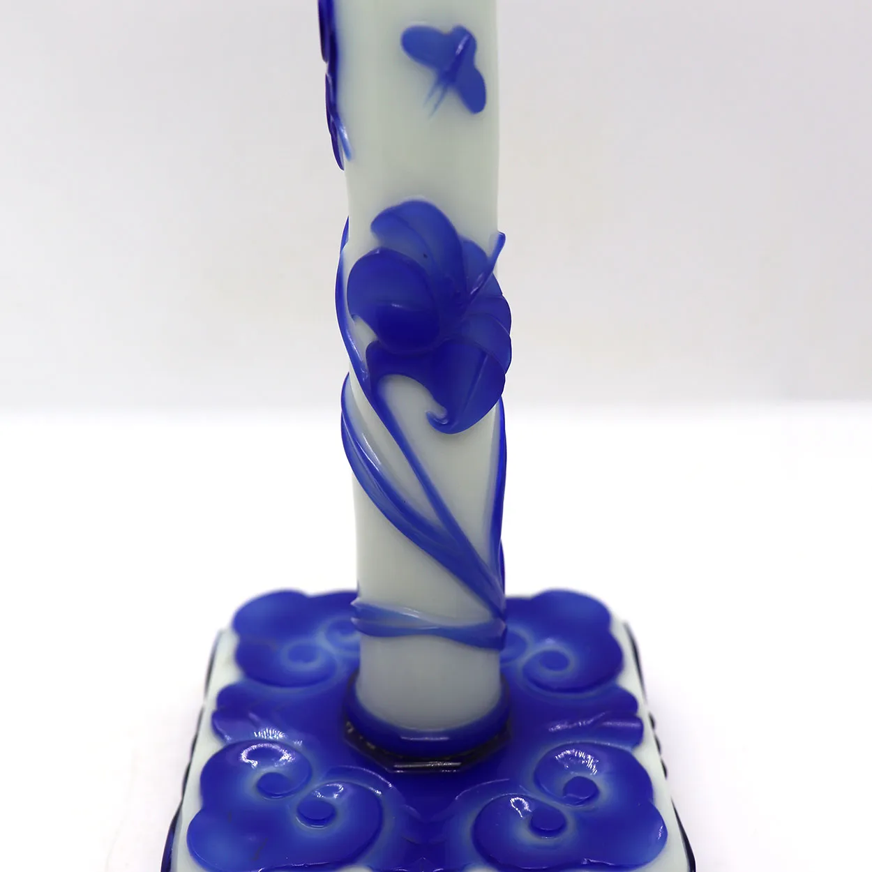 Vintage Chinese Peking Glass Blue and White Candlestick Lamp Base