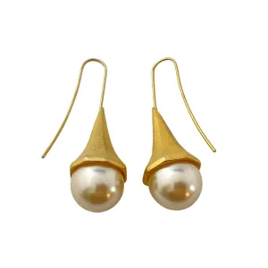 Vintage Contemporary Brushed Gold and Faux Pearl Earrings