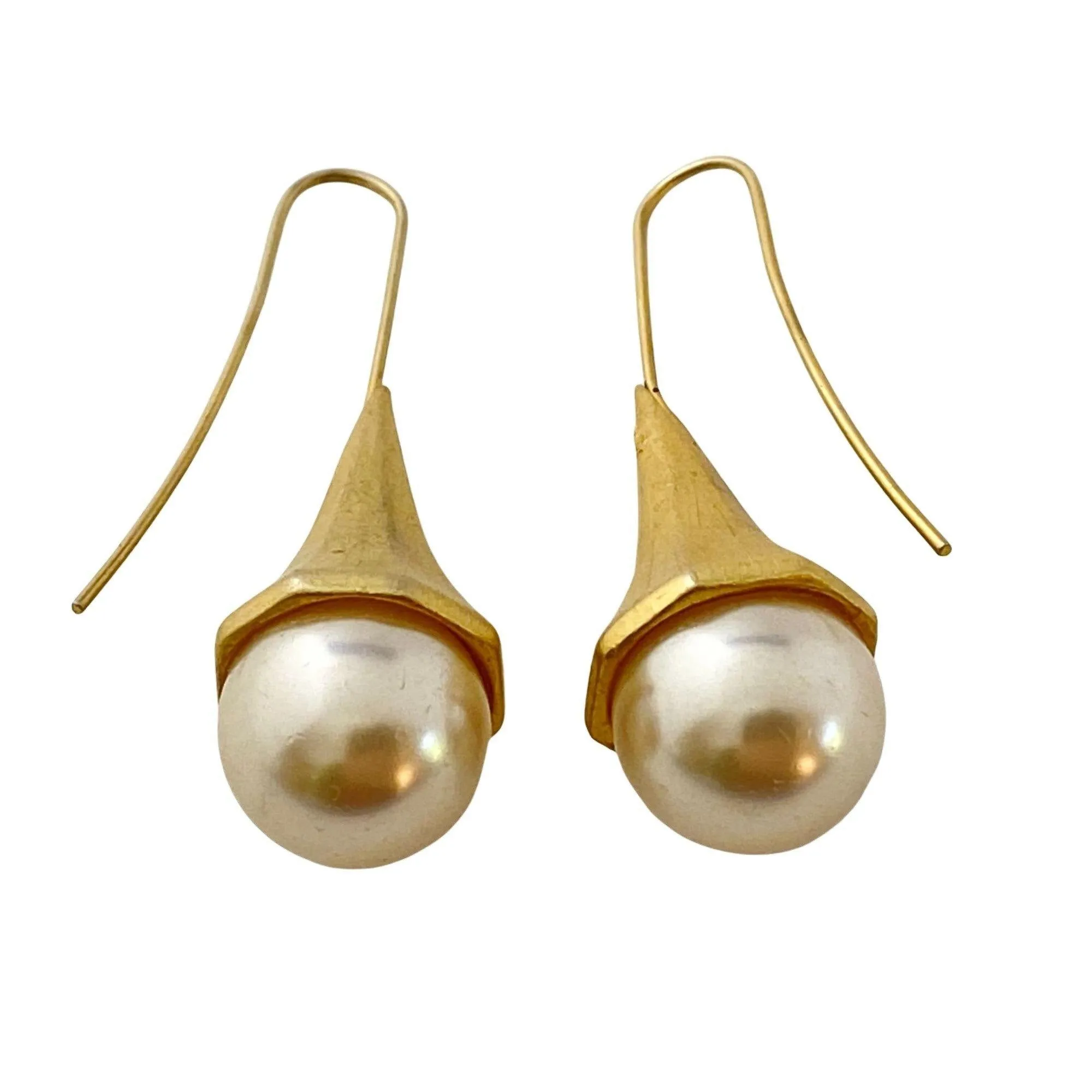 Vintage Contemporary Brushed Gold and Faux Pearl Earrings