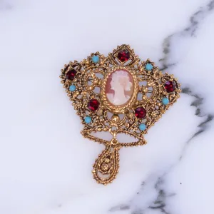 Vintage Florenza Crown Brooch with Cameo and Turquoise Beads and Garnet Red Rhinestones