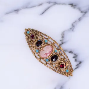 Vintage Florenza Sash Style Brooch with Cameo, Garnet Crystals and Turquoise Beads