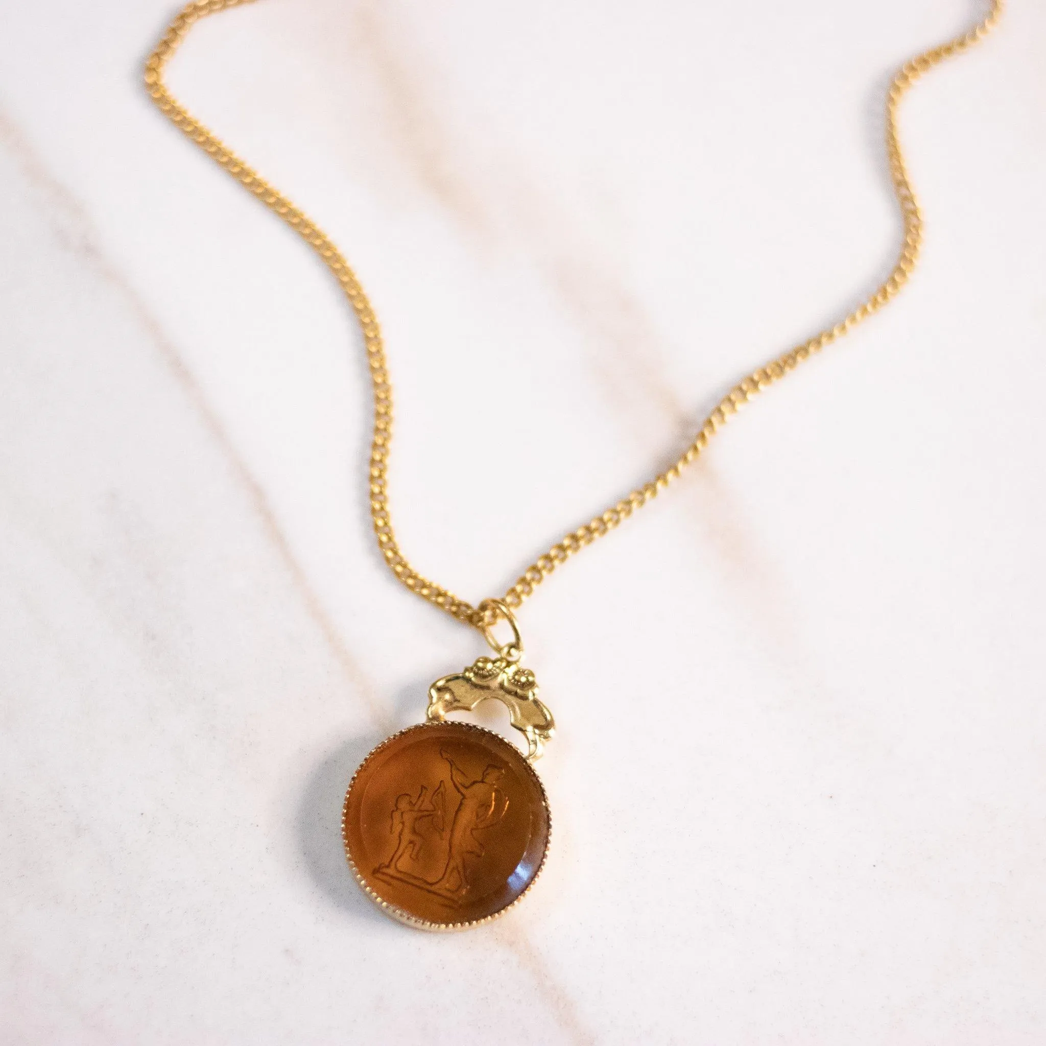 Vintage Gold Mythological Crystal Carved Cameo Necklace
