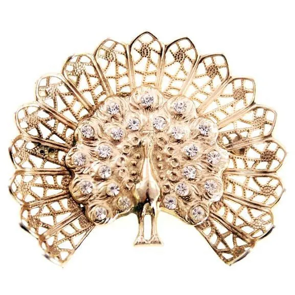 Vintage Gold Peacock Bird Brooch w/Rhinestones 1950s