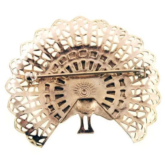 Vintage Gold Peacock Bird Brooch w/Rhinestones 1950s