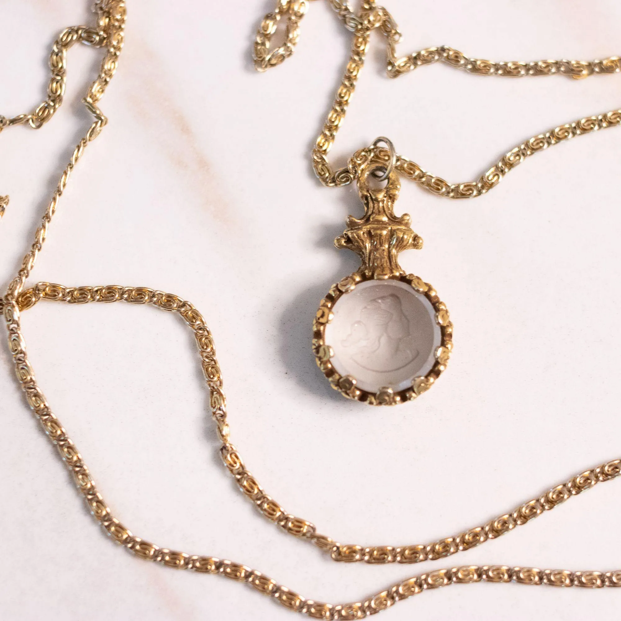 Vintage Goldette Multi Strand Gold Necklace with Etched Crystal Cameo