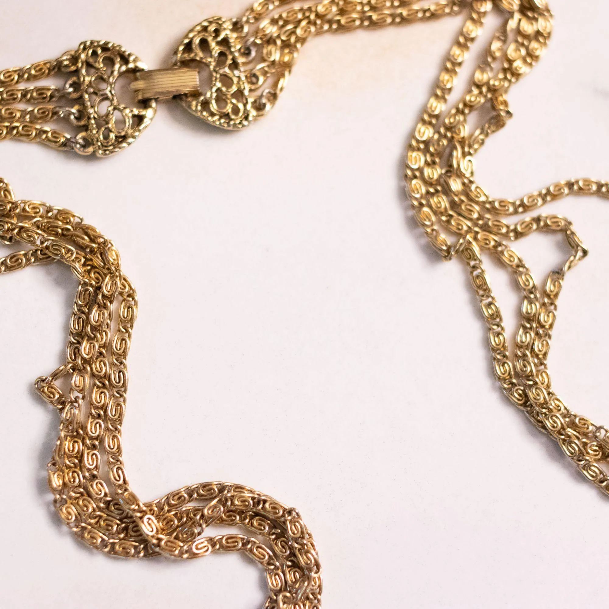 Vintage Goldette Multi Strand Gold Necklace with Etched Crystal Cameo