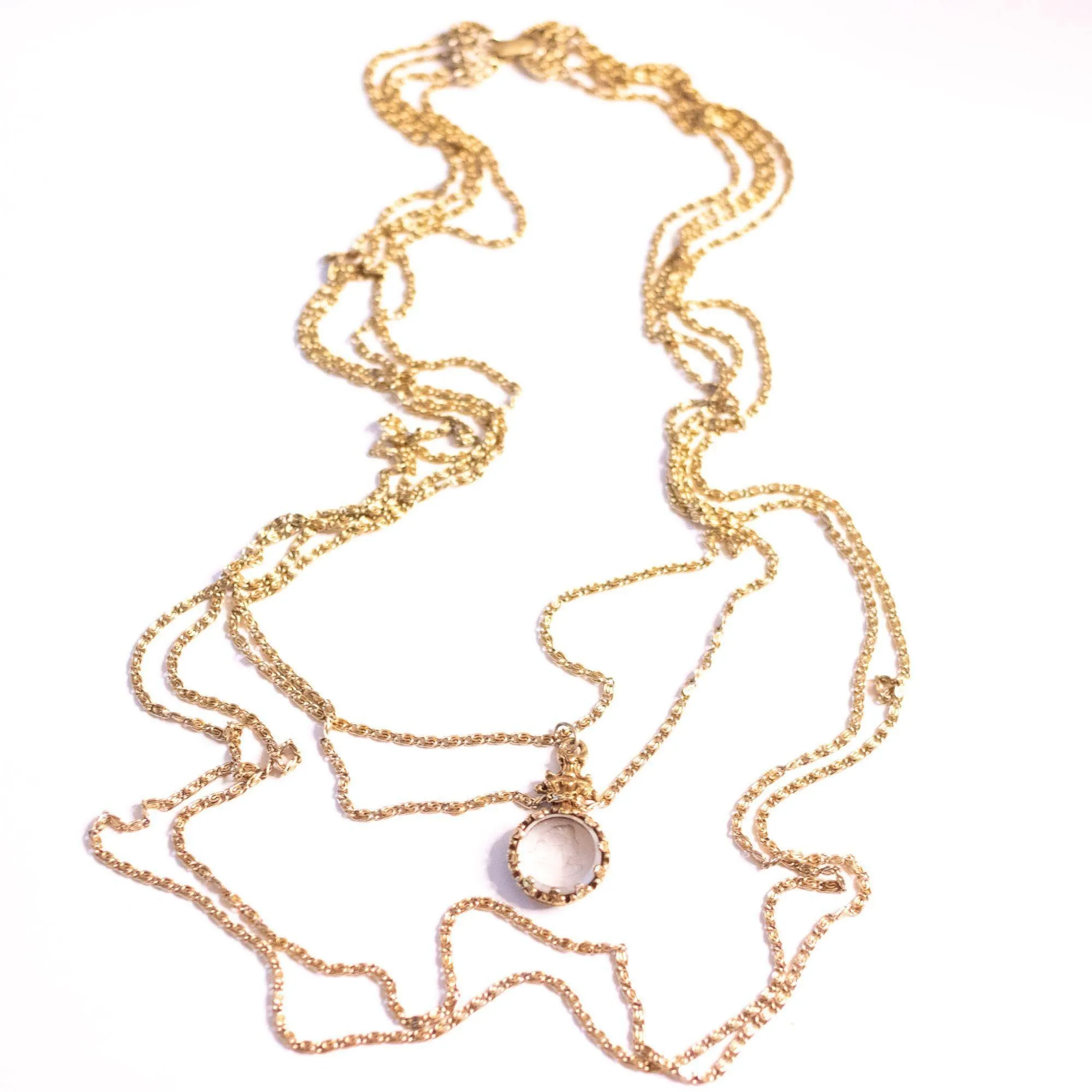 Vintage Goldette Multi Strand Gold Necklace with Etched Crystal Cameo