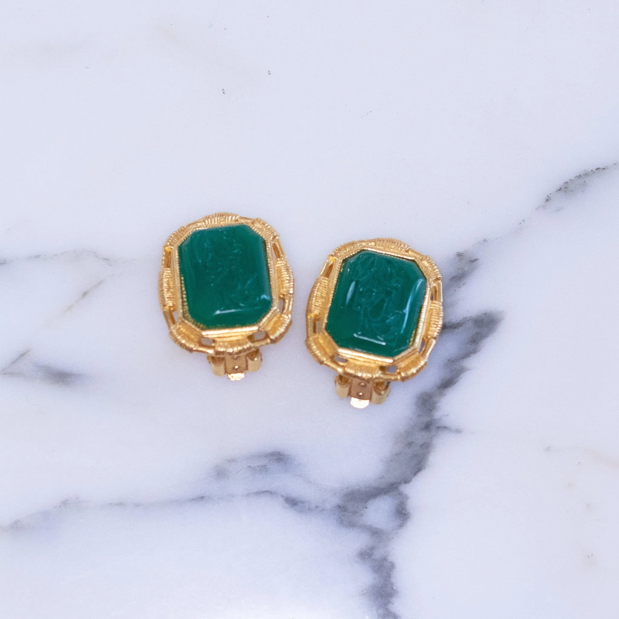 Vintage Green Intaglio Carved Cameo Earrings with Soldier