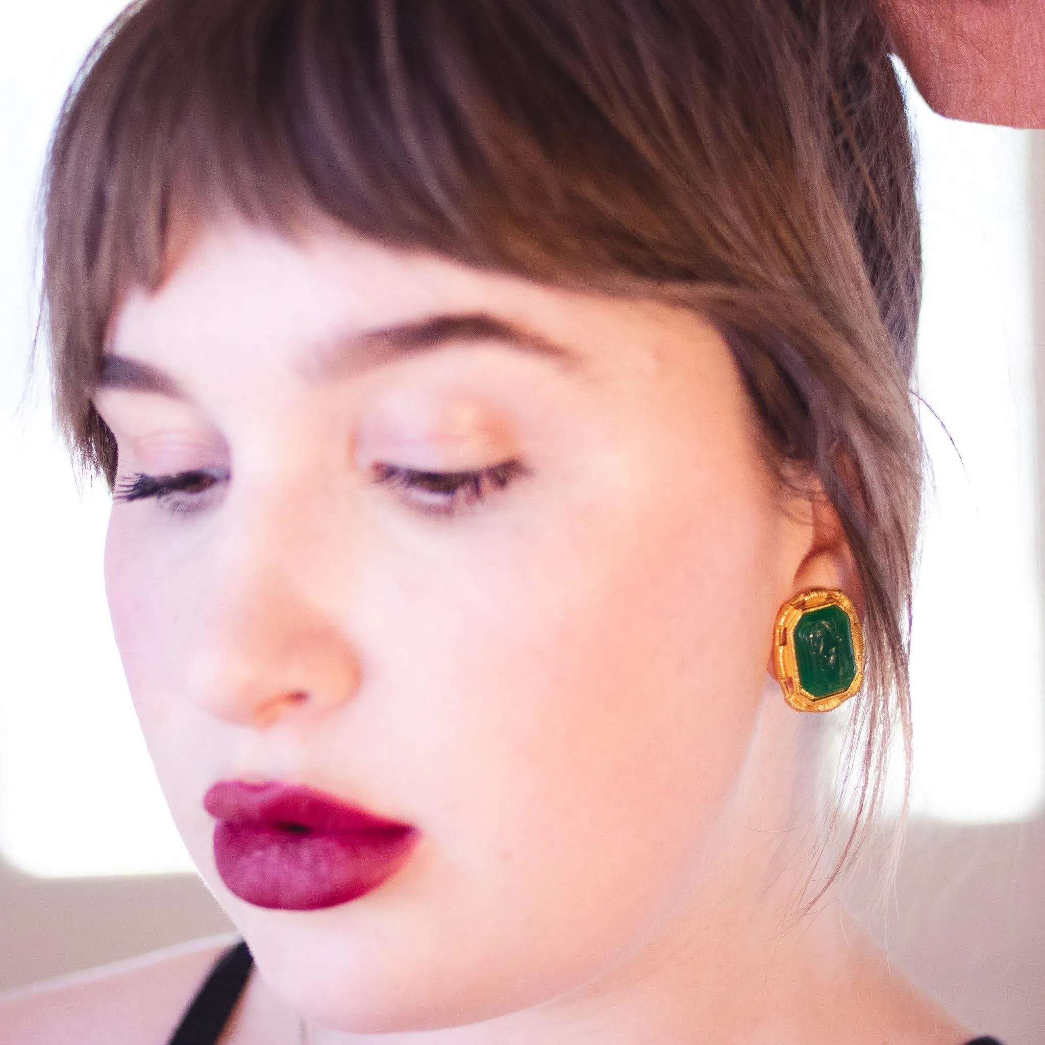 Vintage Green Intaglio Carved Cameo Earrings with Soldier